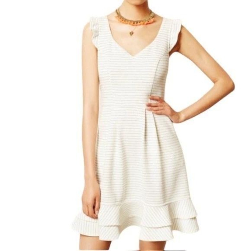 Anthropologie Maeve Sunland Mini Dress Sz 12 White Pinstripes Fit & Flare Bridal